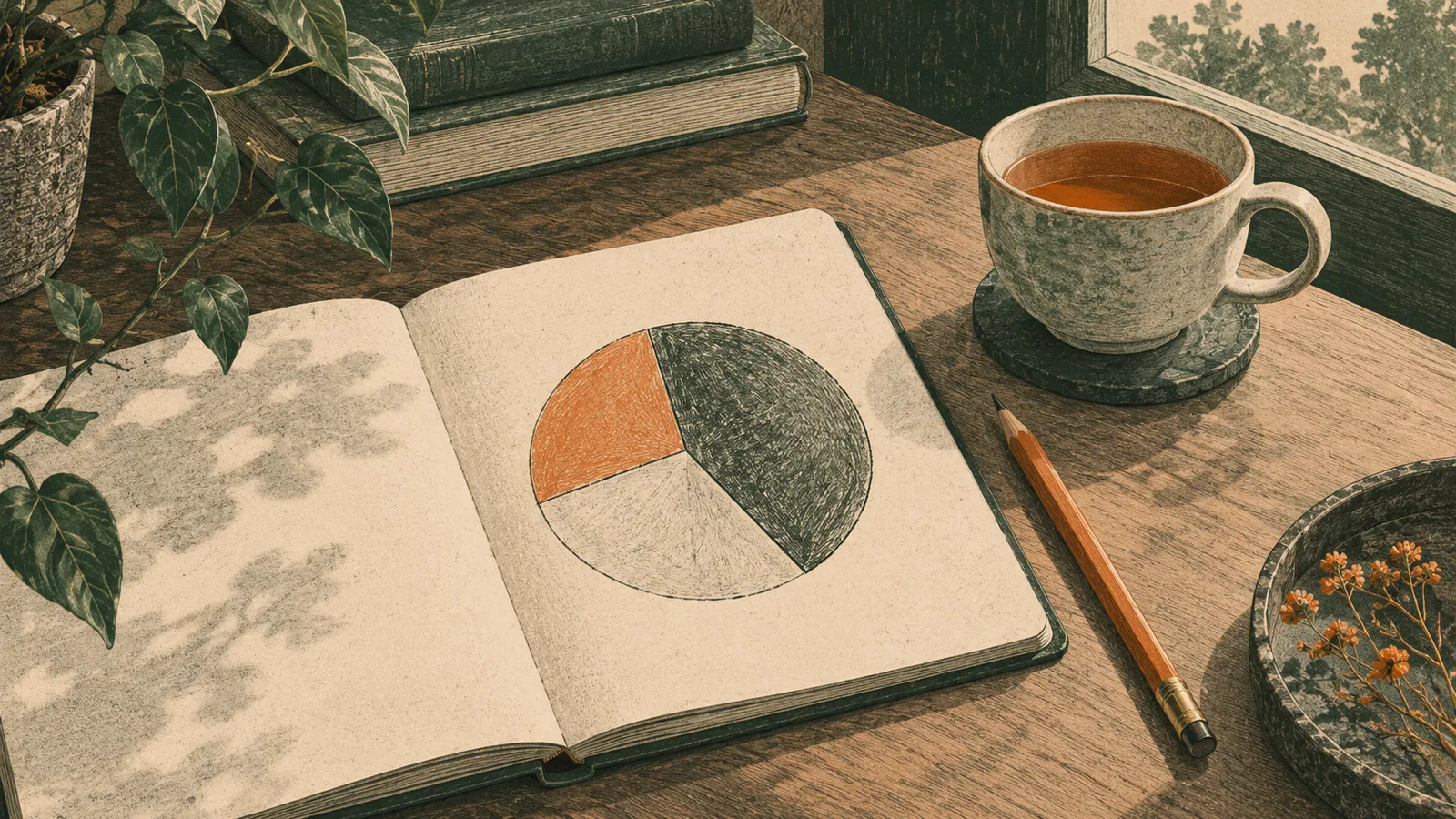 Illustration of a notebook with a circle divided into three budget sections