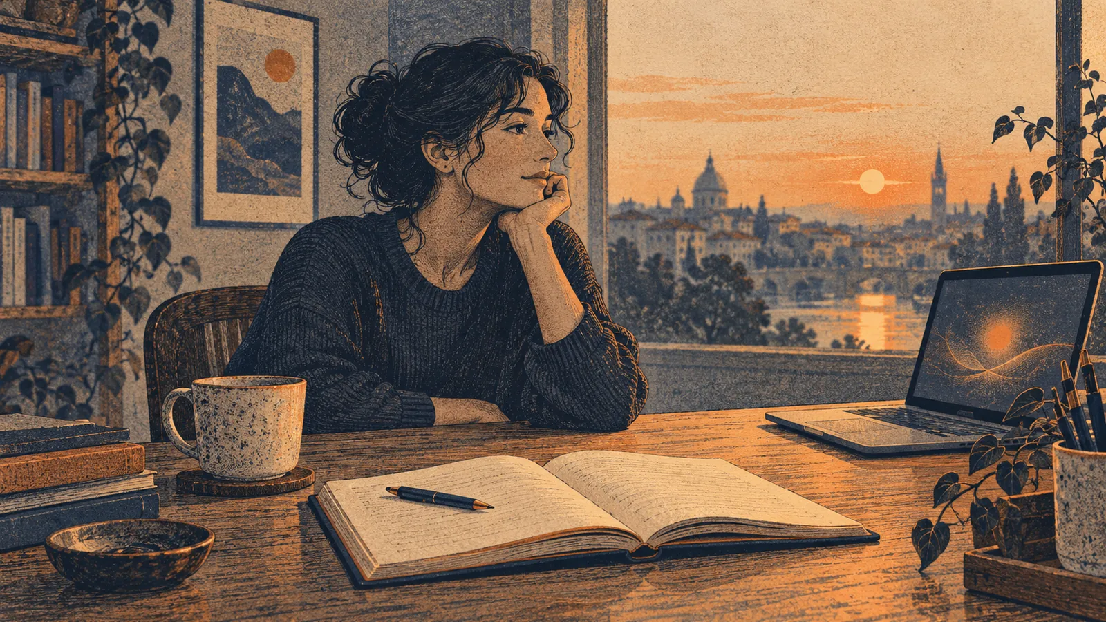 Illustration of a thoughtful person at a desk with an open notebook, a mug and a laptop set to one side