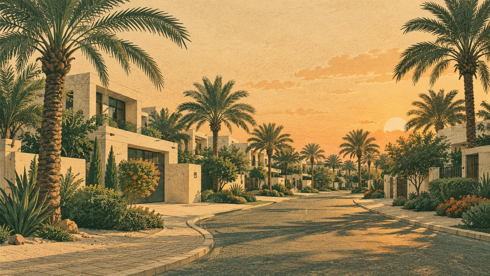 Illustration of a quiet villa-community street with palm trees at late afternoon