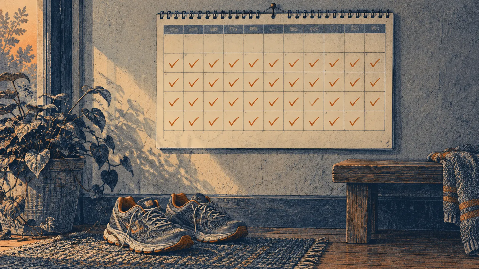 Illustration of a wall calendar with a chain of ticks and running shoes