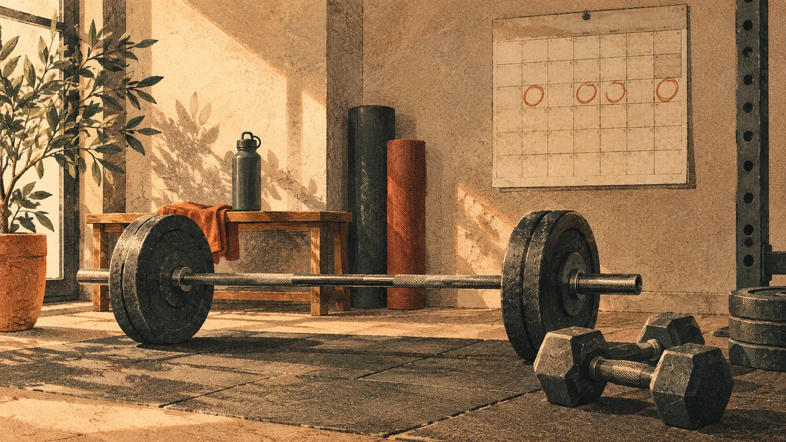 Illustration of a simple home gym corner with a barbell, dumbbells and a wall calendar