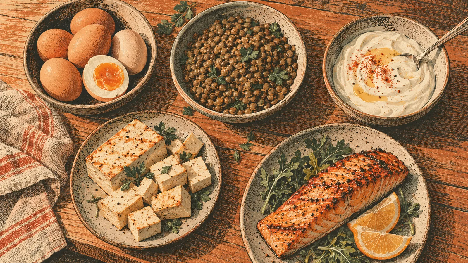 Illustration of everyday protein foods arranged on a wooden table