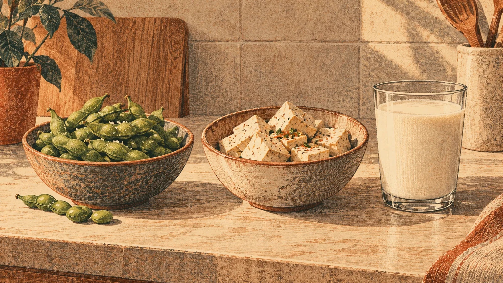 Illustration comparing soy foods and a glass of milk side by side on a kitchen bench